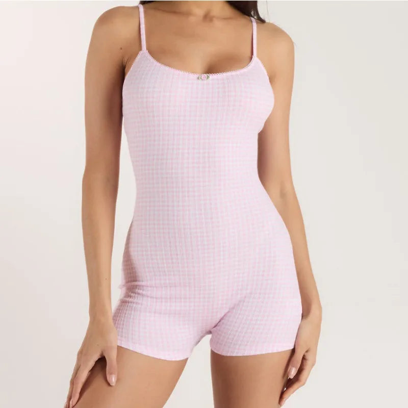 2026 Spring/Summer Women'S Thin Collarless Wearable Homewear Pink Knitted Plaid One-Piece Pajamas Onesies for Adults