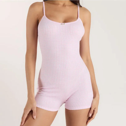 2026 Spring/Summer Women'S Thin Collarless Wearable Homewear Pink Knitted Plaid One-Piece Pajamas Onesies for Adults